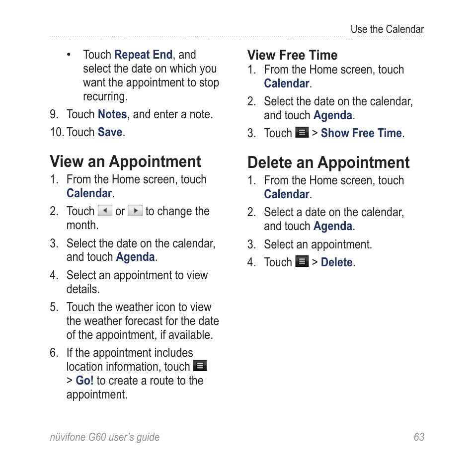 View an appointment, Delete an appointment | Garmin G60 User Manual | Page 71 / 104