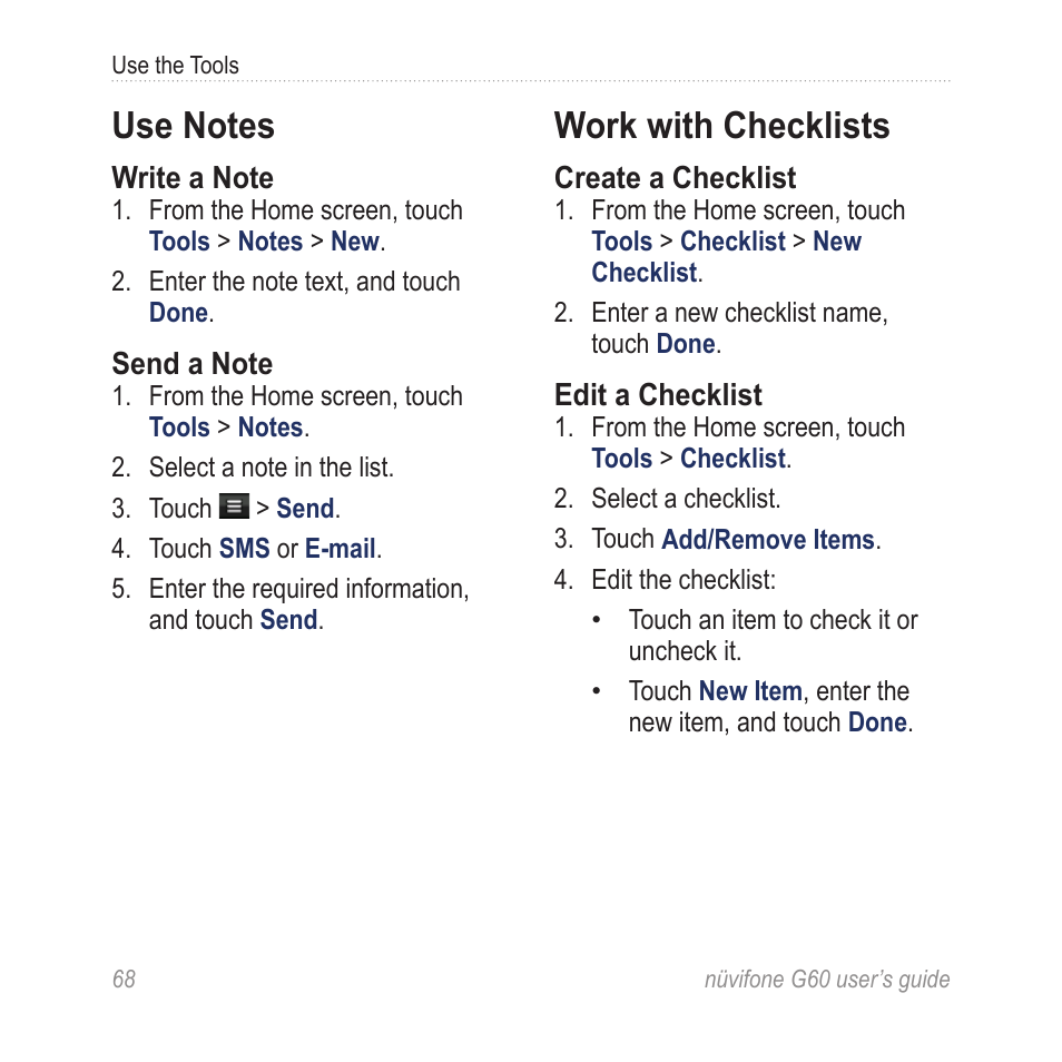 Use notes, Work with checklists | Garmin G60 User Manual | Page 76 / 104