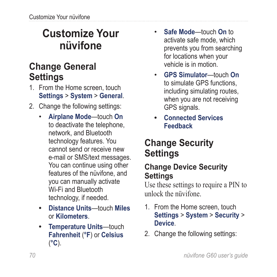 Customize your nüvifone, Change general settings, Change security settings | Garmin G60 User Manual | Page 78 / 104