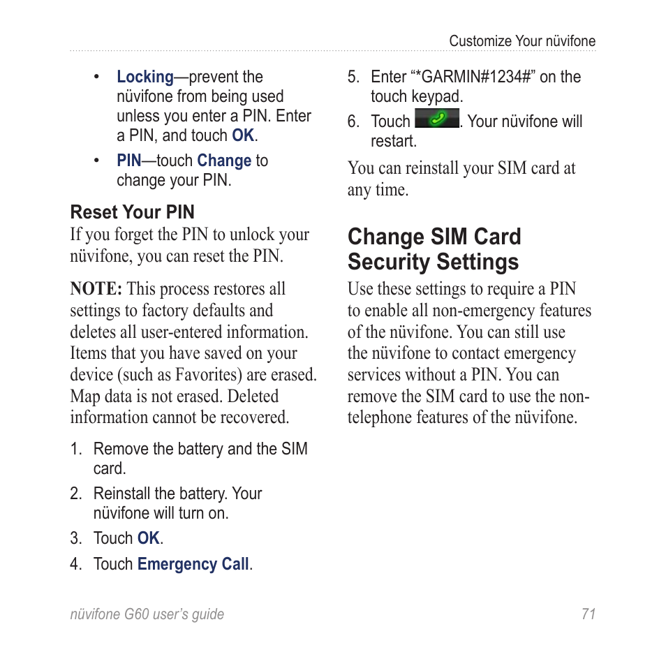 Change sim card security settings, Change sim card security, Settings | Garmin G60 User Manual | Page 79 / 104