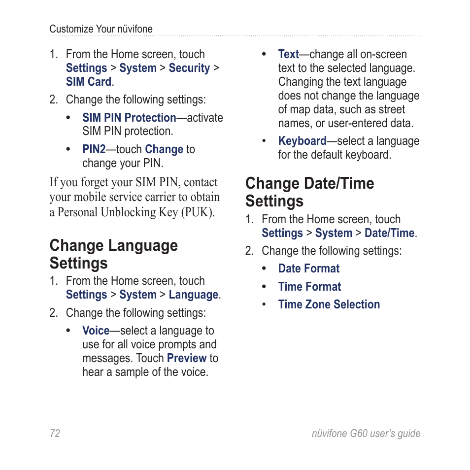 Change language settings, Change date/time settings | Garmin G60 User Manual | Page 80 / 104