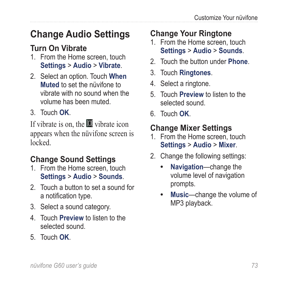 Change audio settings | Garmin G60 User Manual | Page 81 / 104