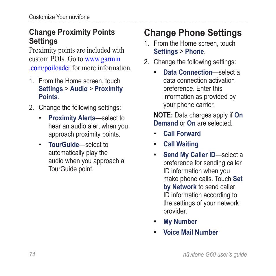 Change phone settings | Garmin G60 User Manual | Page 82 / 104