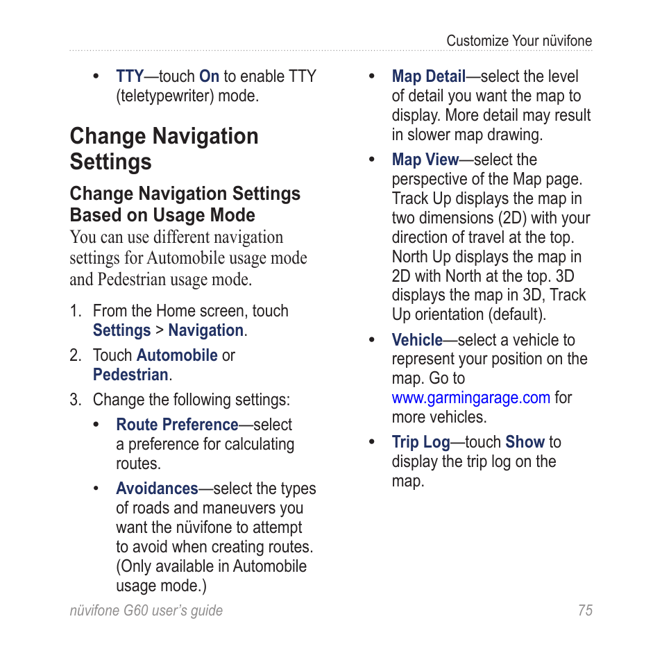 Change navigation settings | Garmin G60 User Manual | Page 83 / 104