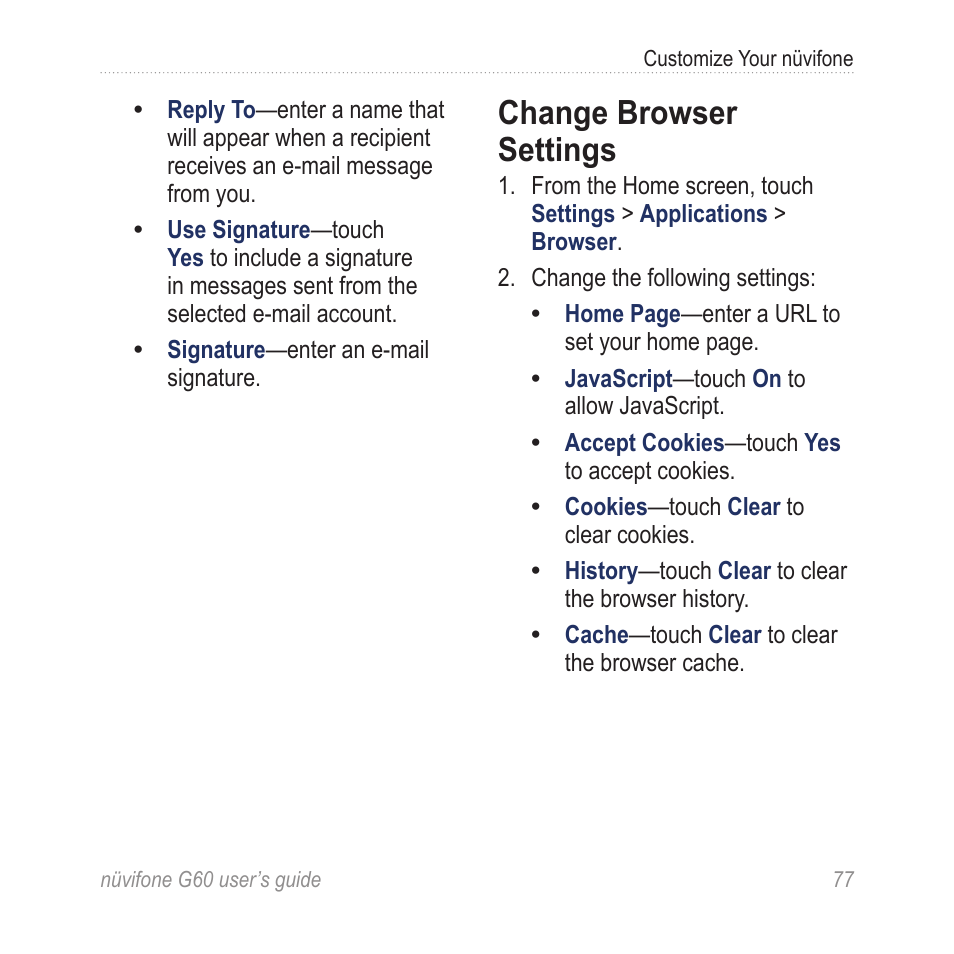Change browser settings | Garmin G60 User Manual | Page 85 / 104