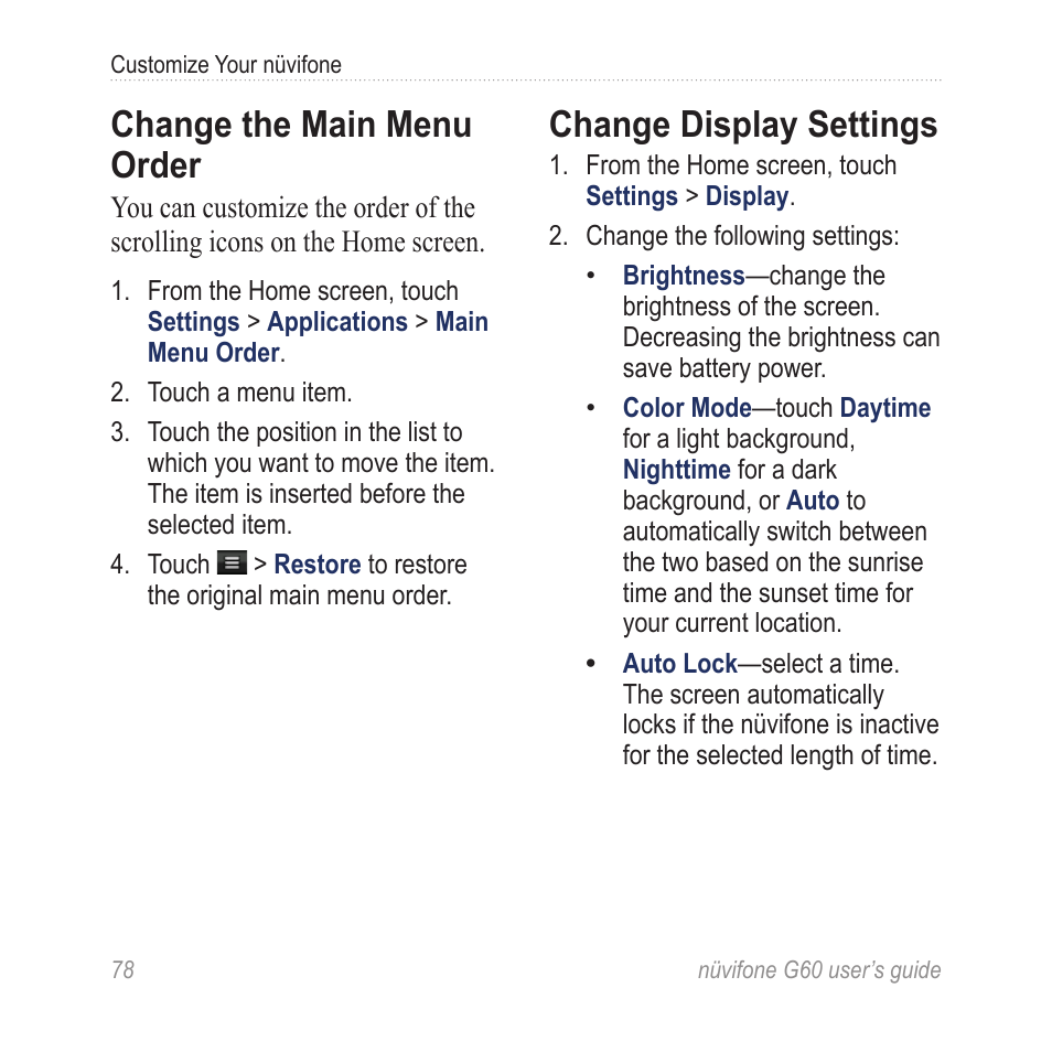 Change the main menu order, Change display settings, Change the main menu | Order | Garmin G60 User Manual | Page 86 / 104