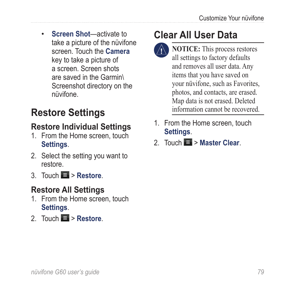 Restore settings, Clear all user data | Garmin G60 User Manual | Page 87 / 104
