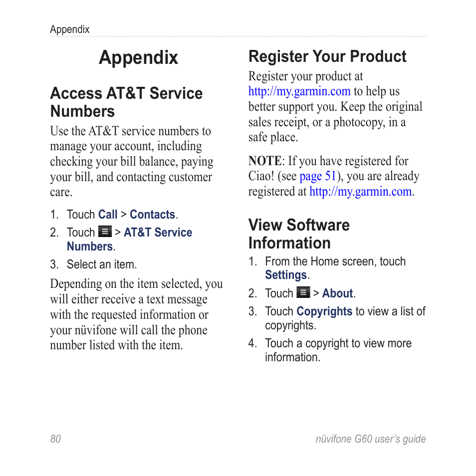 Appendix, Access at&t service numbers, Register your product | View software information, Access at&t service, Numbers | Garmin G60 User Manual | Page 88 / 104