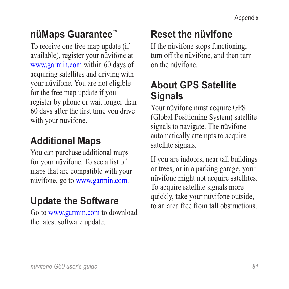 Nümaps guarantee, Additional maps, Update the software | Reset the nüvifone, About gps satellite signals | Garmin G60 User Manual | Page 89 / 104