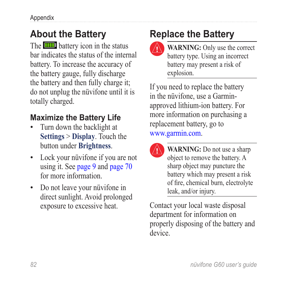 About the battery, Replace the battery | Garmin G60 User Manual | Page 90 / 104