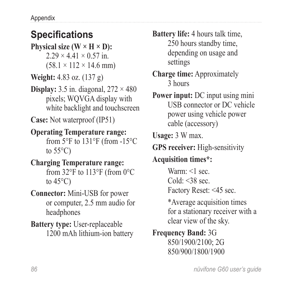 Specifications | Garmin G60 User Manual | Page 94 / 104