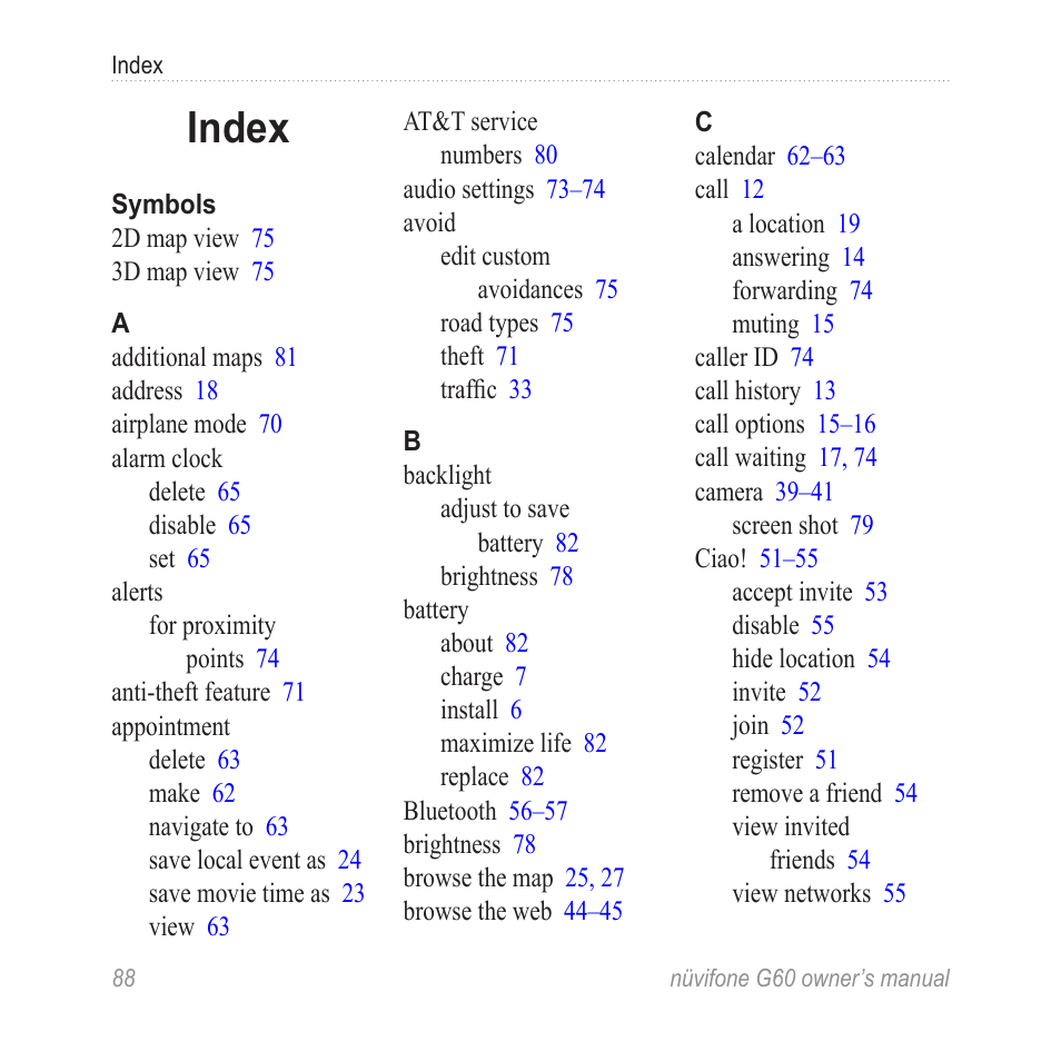 Index | Garmin G60 User Manual | Page 96 / 104