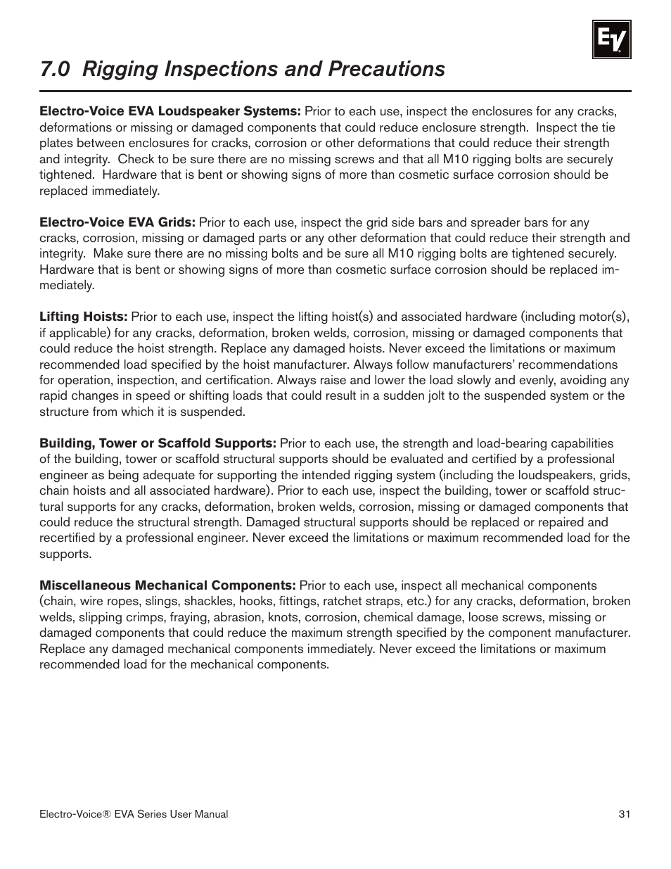 0 rigging inspections and precautions | EVA -2082S/920 User Manual | Page 31 / 36
