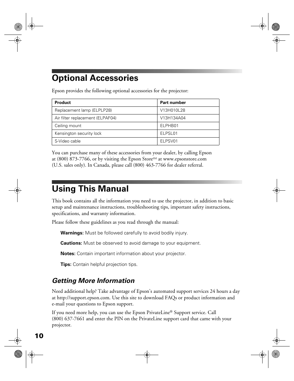 Optional accessories, Using this manual, Getting more information | Garmin POWERLITE CINEMA 200+ User Manual | Page 10 / 80