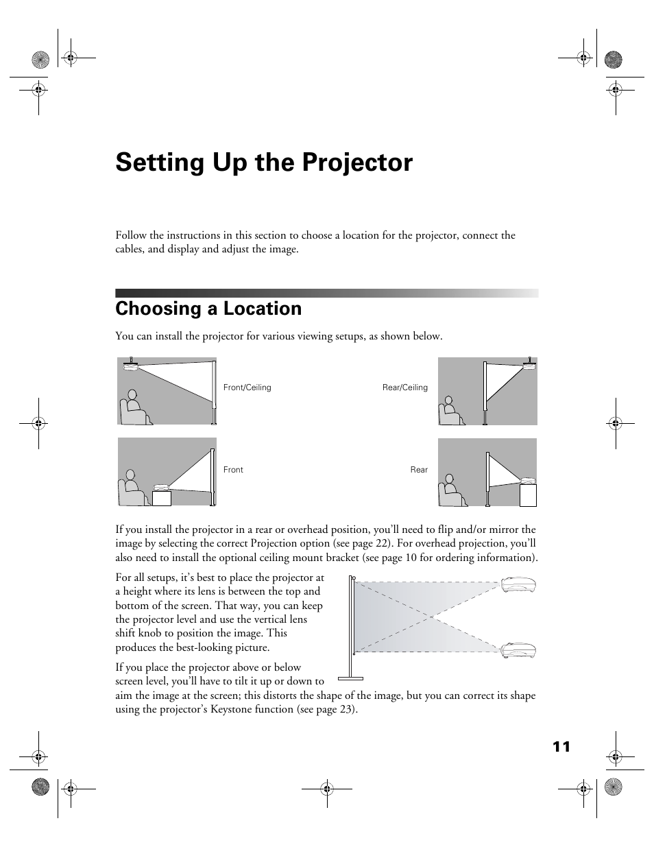 Setting up the projector, Choosing a location | Garmin POWERLITE CINEMA 200+ User Manual | Page 11 / 80