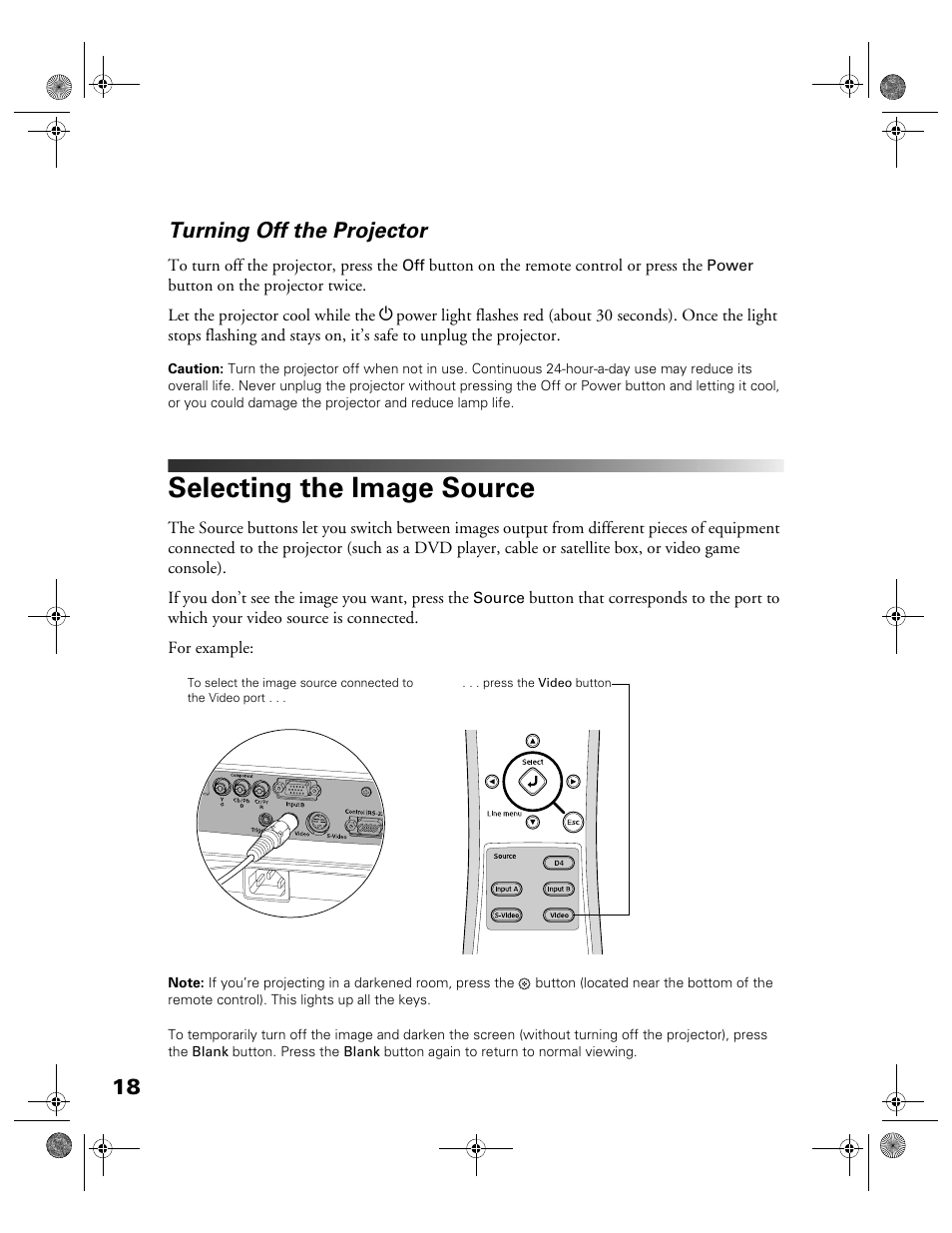 Turning off the projector, Selecting the image source, 18 turning off the projector | Garmin POWERLITE CINEMA 200+ User Manual | Page 18 / 80