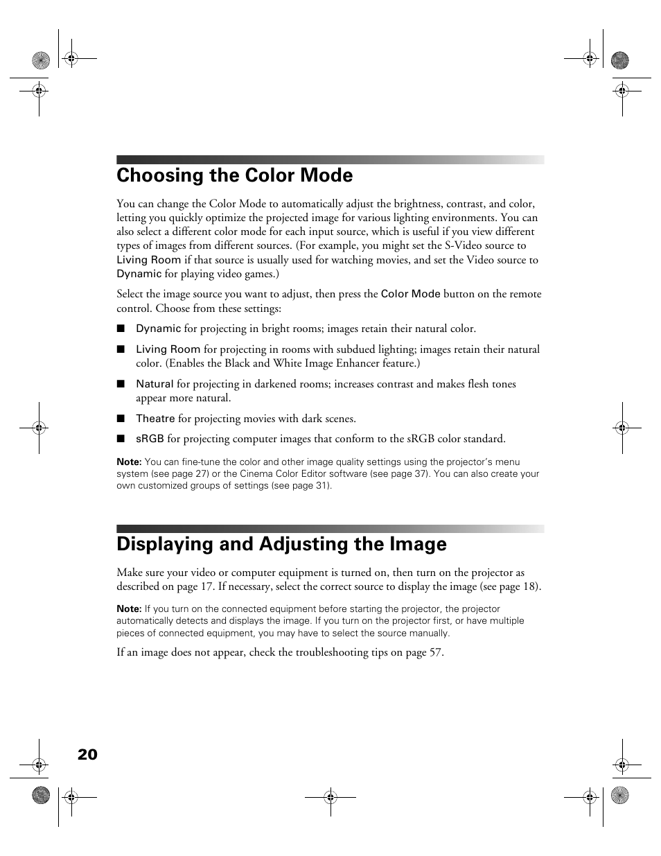 Choosing the color mode, Displaying and adjusting the image | Garmin POWERLITE CINEMA 200+ User Manual | Page 20 / 80