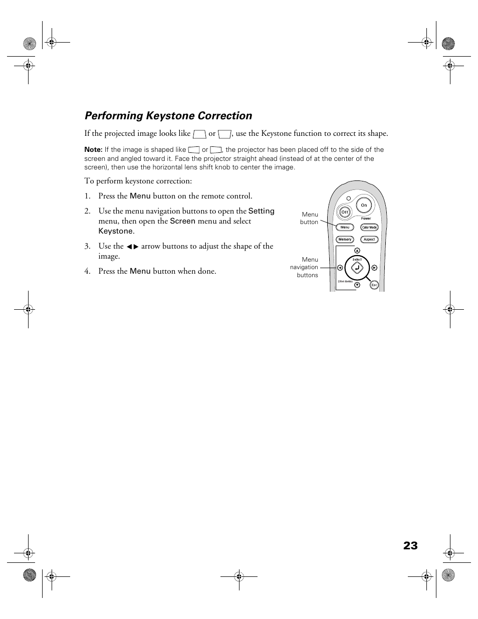 Performing keystone correction, 23 performing keystone correction | Garmin POWERLITE CINEMA 200+ User Manual | Page 23 / 80