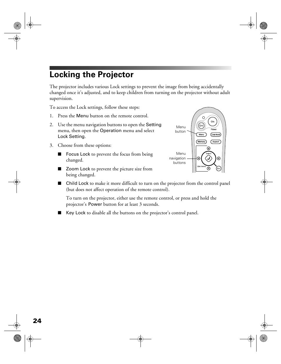 Locking the projector | Garmin POWERLITE CINEMA 200+ User Manual | Page 24 / 80