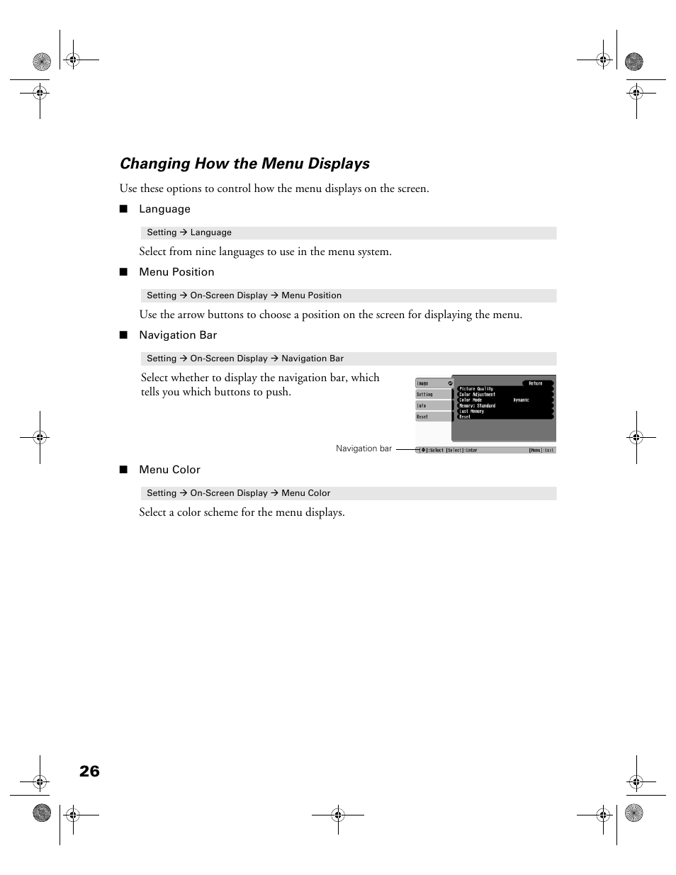 Changing how the menu displays, 26 changing how the menu displays | Garmin POWERLITE CINEMA 200+ User Manual | Page 26 / 80