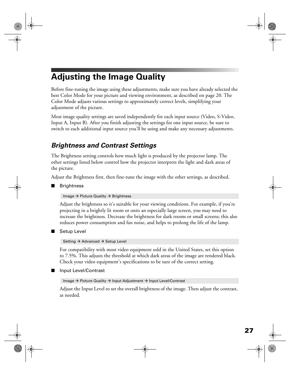 Adjusting the image quality, Brightness and contrast settings | Garmin POWERLITE CINEMA 200+ User Manual | Page 27 / 80