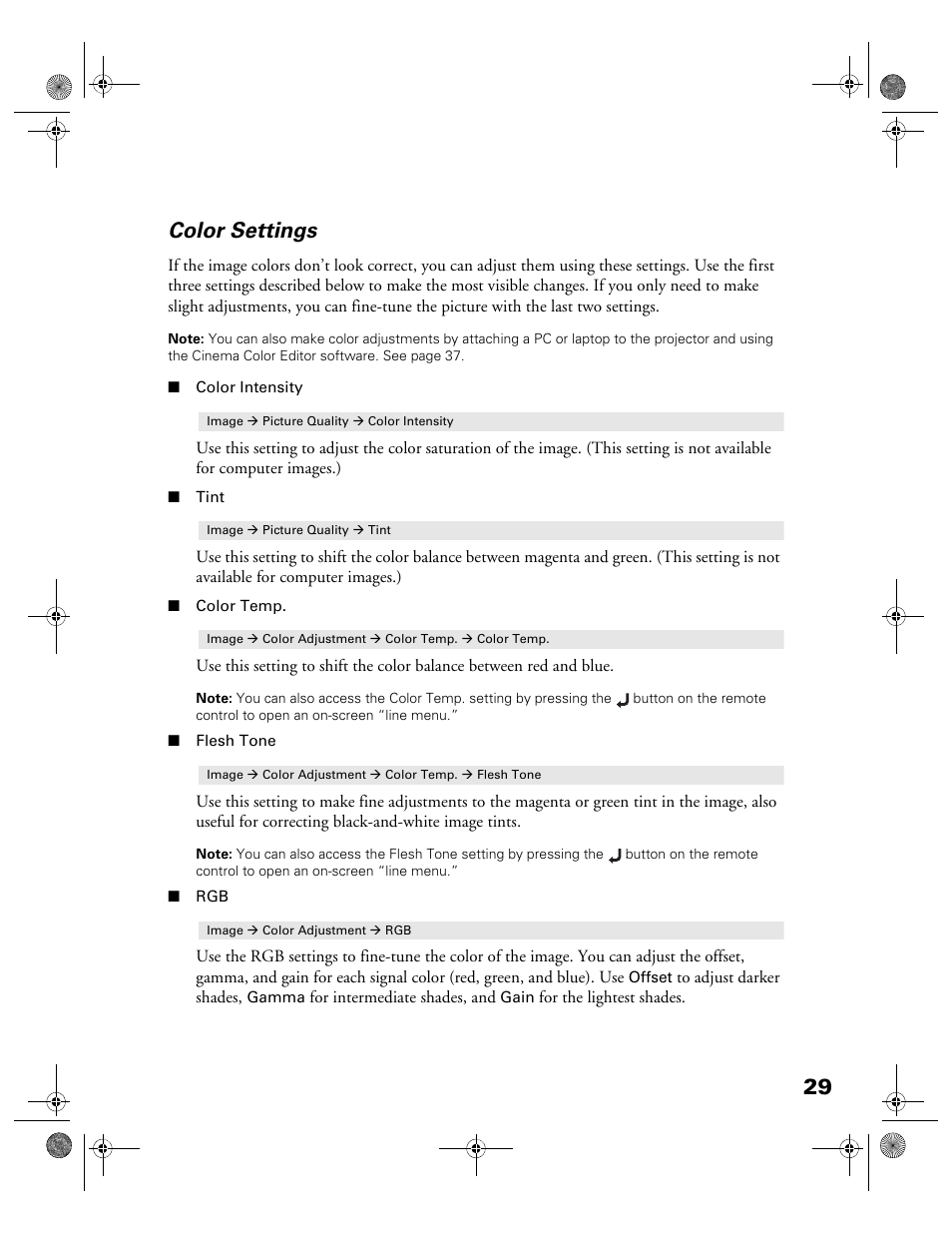 Color settings, 29 color settings | Garmin POWERLITE CINEMA 200+ User Manual | Page 29 / 80