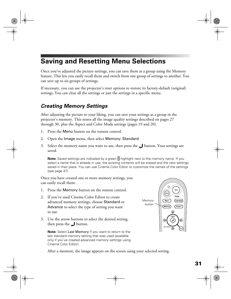 Saving and resetting menu selections, Creating memory settings | Garmin POWERLITE CINEMA 200+ User Manual | Page 31 / 80