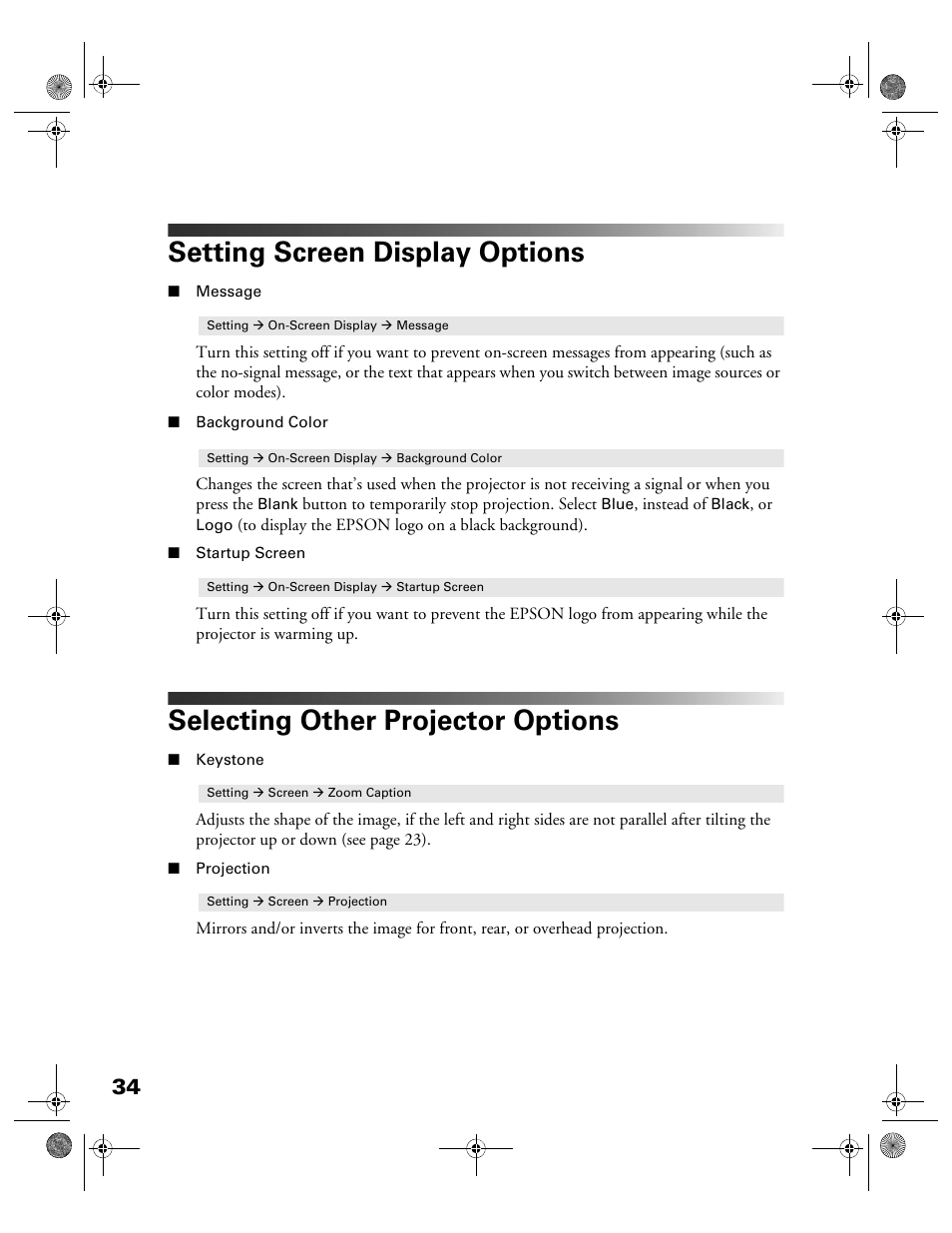 Setting screen display options, Selecting other projector options | Garmin POWERLITE CINEMA 200+ User Manual | Page 34 / 80