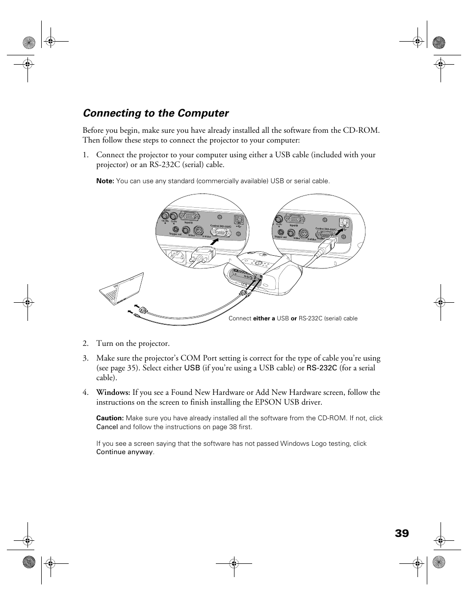 Connecting to the computer, 39 connecting to the computer | Garmin POWERLITE CINEMA 200+ User Manual | Page 39 / 80