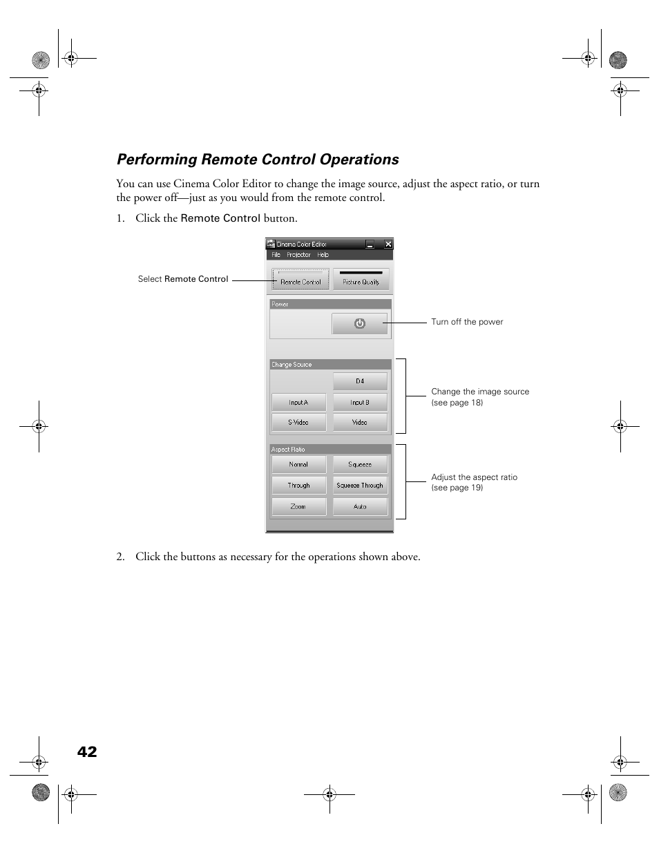 Performing remote control operations, 42 performing remote control operations | Garmin POWERLITE CINEMA 200+ User Manual | Page 42 / 80