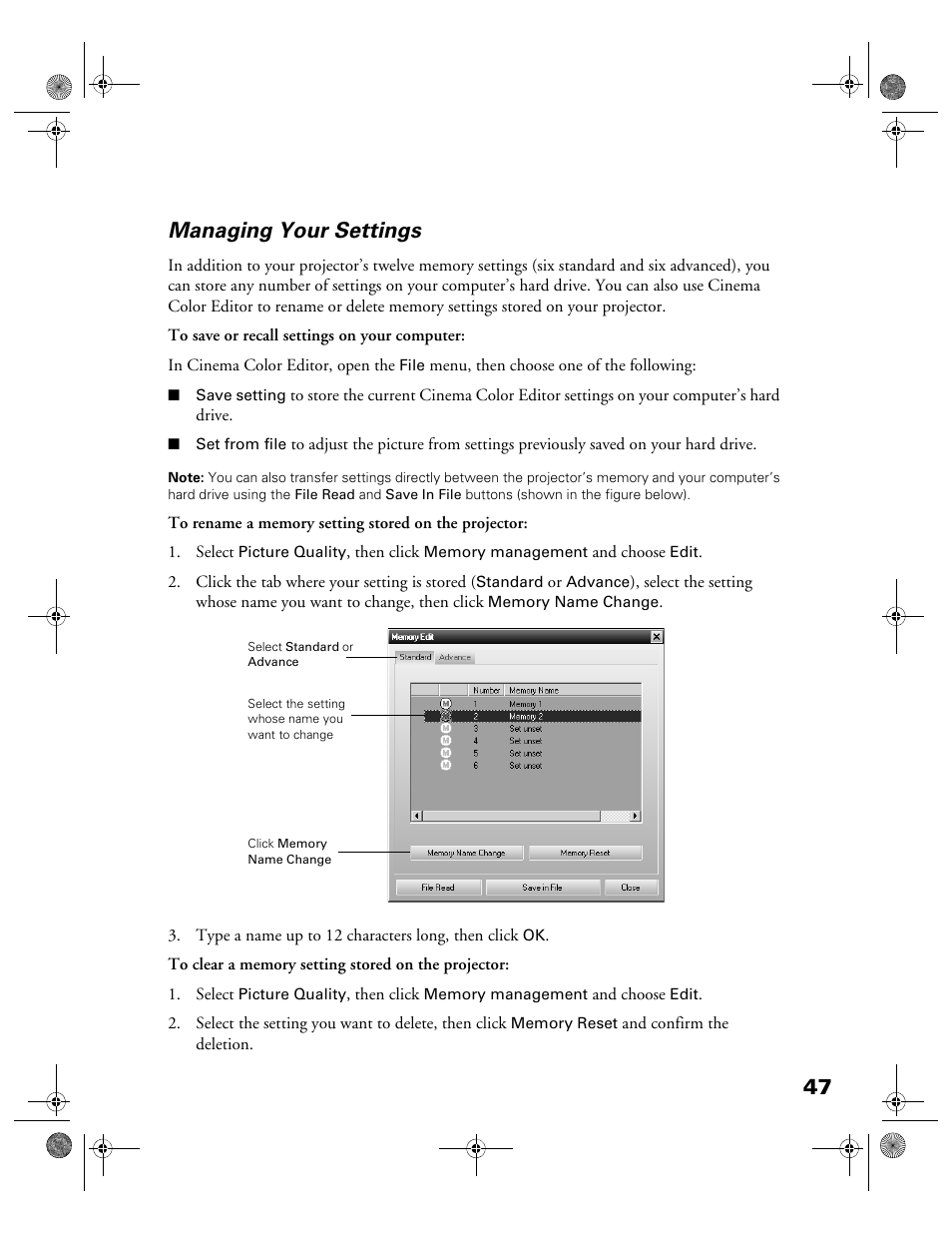 Managing your settings, 47 managing your settings | Garmin POWERLITE CINEMA 200+ User Manual | Page 47 / 80