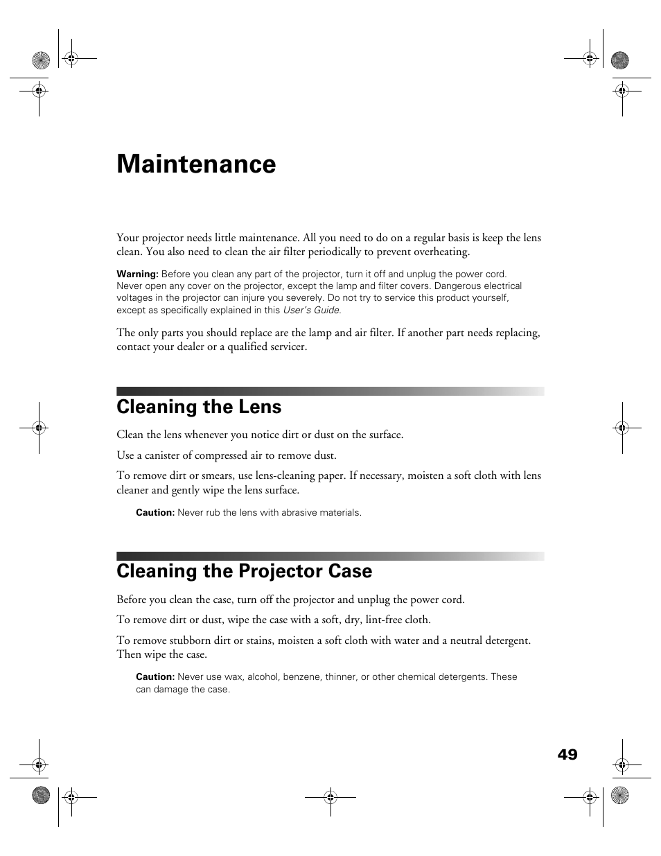 Maintenance, Cleaning the lens, Cleaning the projector case | Garmin POWERLITE CINEMA 200+ User Manual | Page 49 / 80