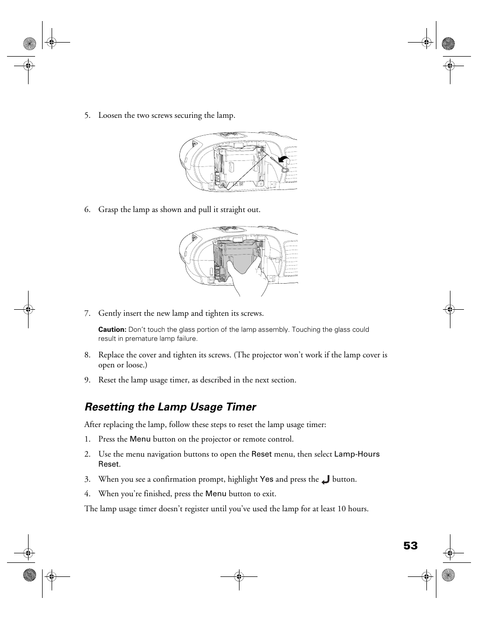 Resetting the lamp usage timer | Garmin POWERLITE CINEMA 200+ User Manual | Page 53 / 80