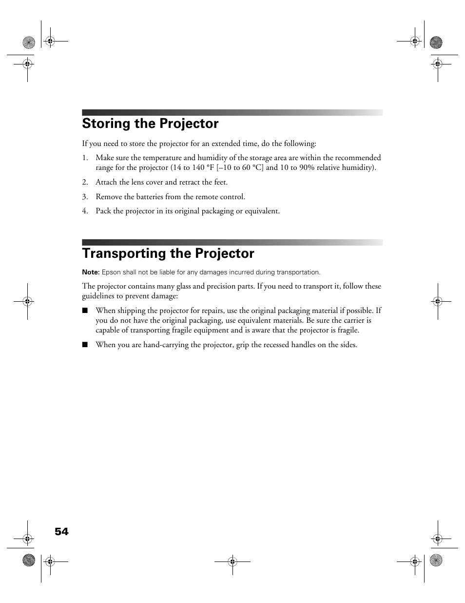 Storing the projector, Transporting the projector | Garmin POWERLITE CINEMA 200+ User Manual | Page 54 / 80