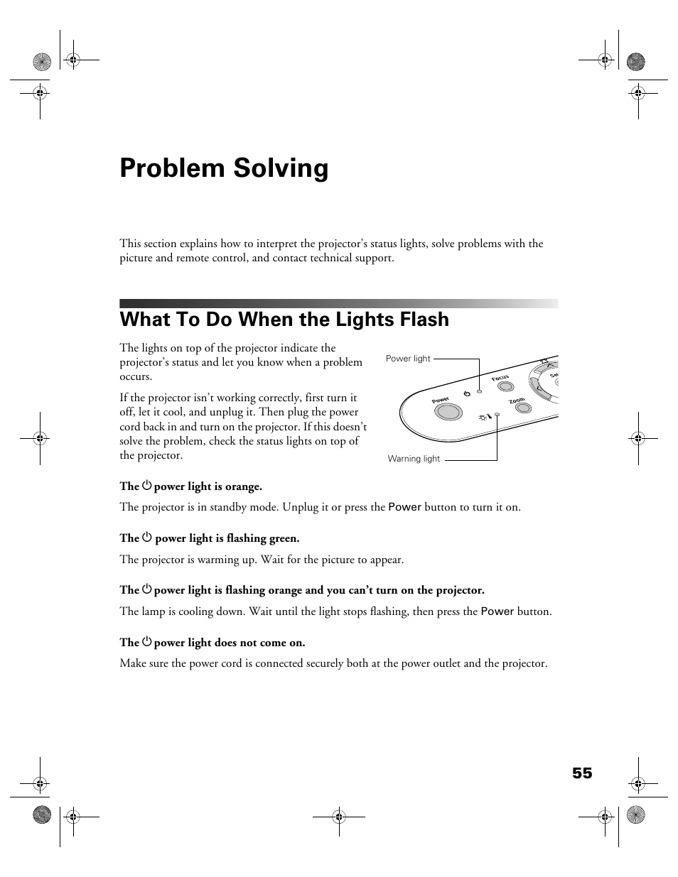 Problem solving, What to do when the lights flash | Garmin POWERLITE CINEMA 200+ User Manual | Page 55 / 80