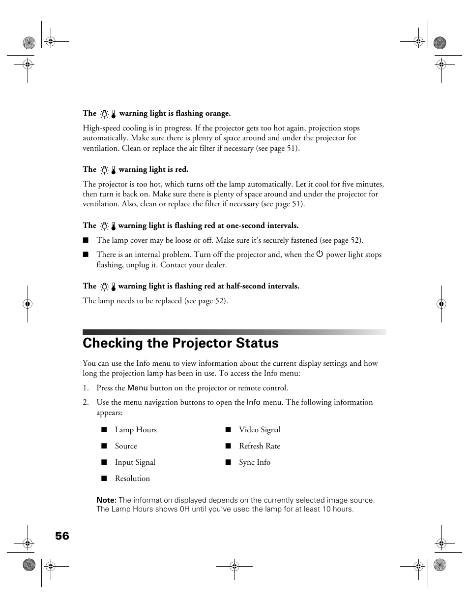 Checking the projector status | Garmin POWERLITE CINEMA 200+ User Manual | Page 56 / 80