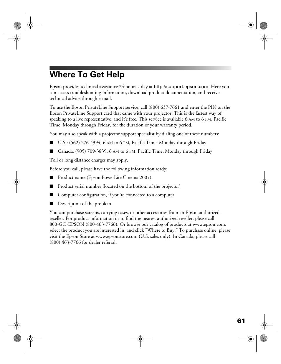 Where to get help | Garmin POWERLITE CINEMA 200+ User Manual | Page 61 / 80