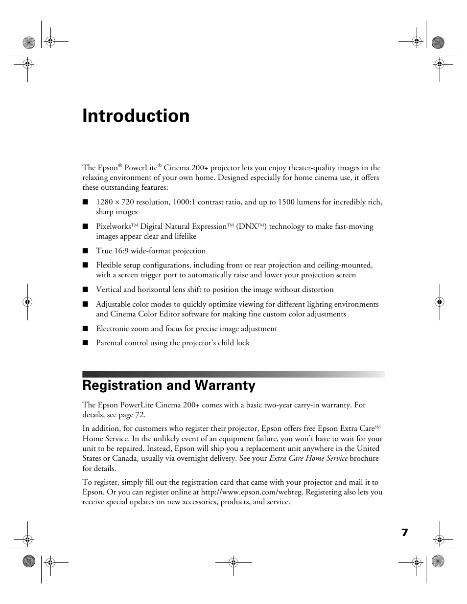 Introduction, Registration and warranty | Garmin POWERLITE CINEMA 200+ User Manual | Page 7 / 80