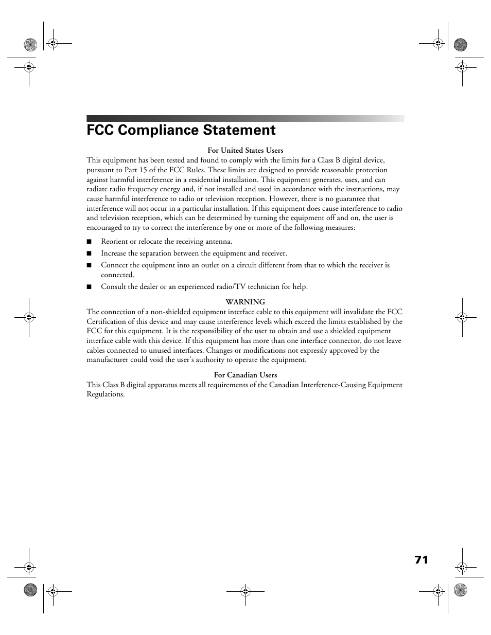 Fcc compliance statement | Garmin POWERLITE CINEMA 200+ User Manual | Page 71 / 80