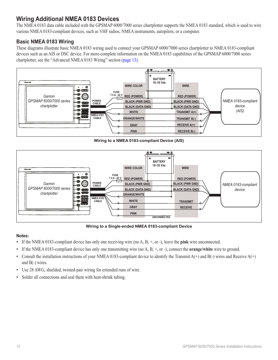 Wiring additional nmea 0183 devices, Basic nmea 0183 wiring | Garmin GPSMAP 7000 Series User Manual | Page 12 / 20