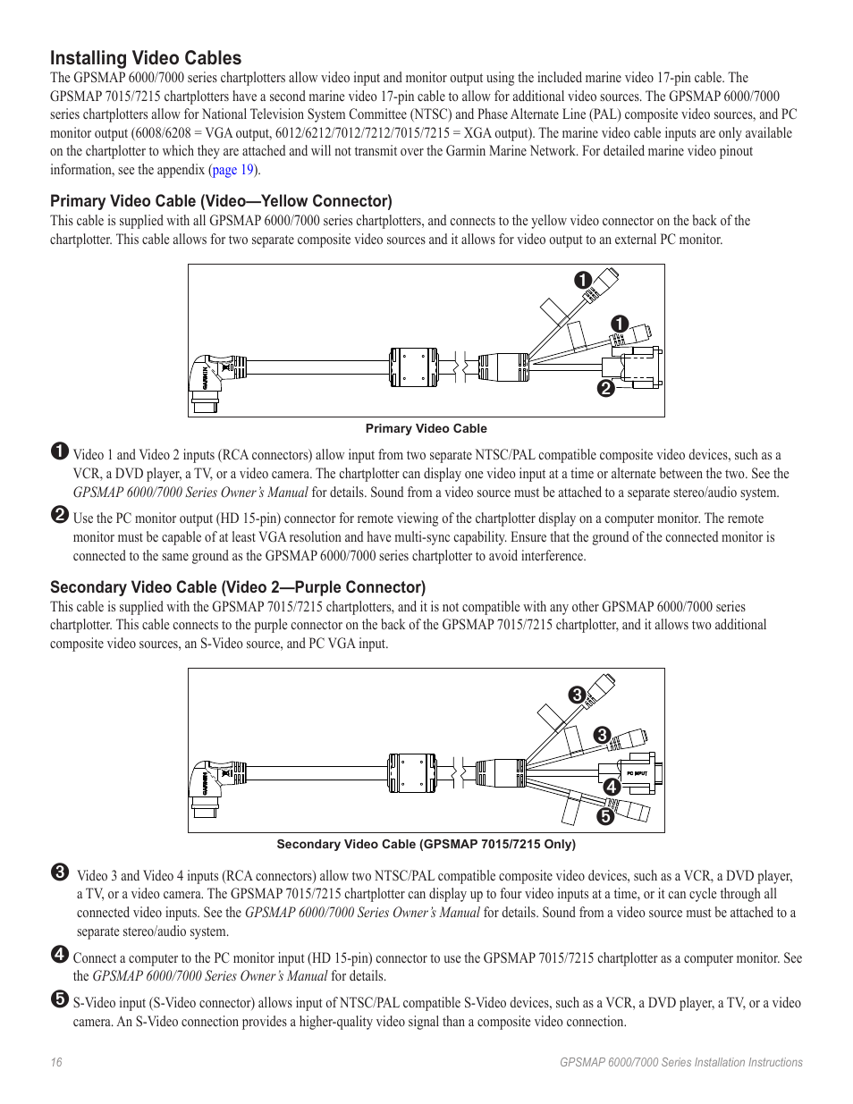 Installing video cables, Primary video cable (video—yellow connector), Secondary video cable (video 2—purple connector) | Garmin GPSMAP 7000 Series User Manual | Page 16 / 20