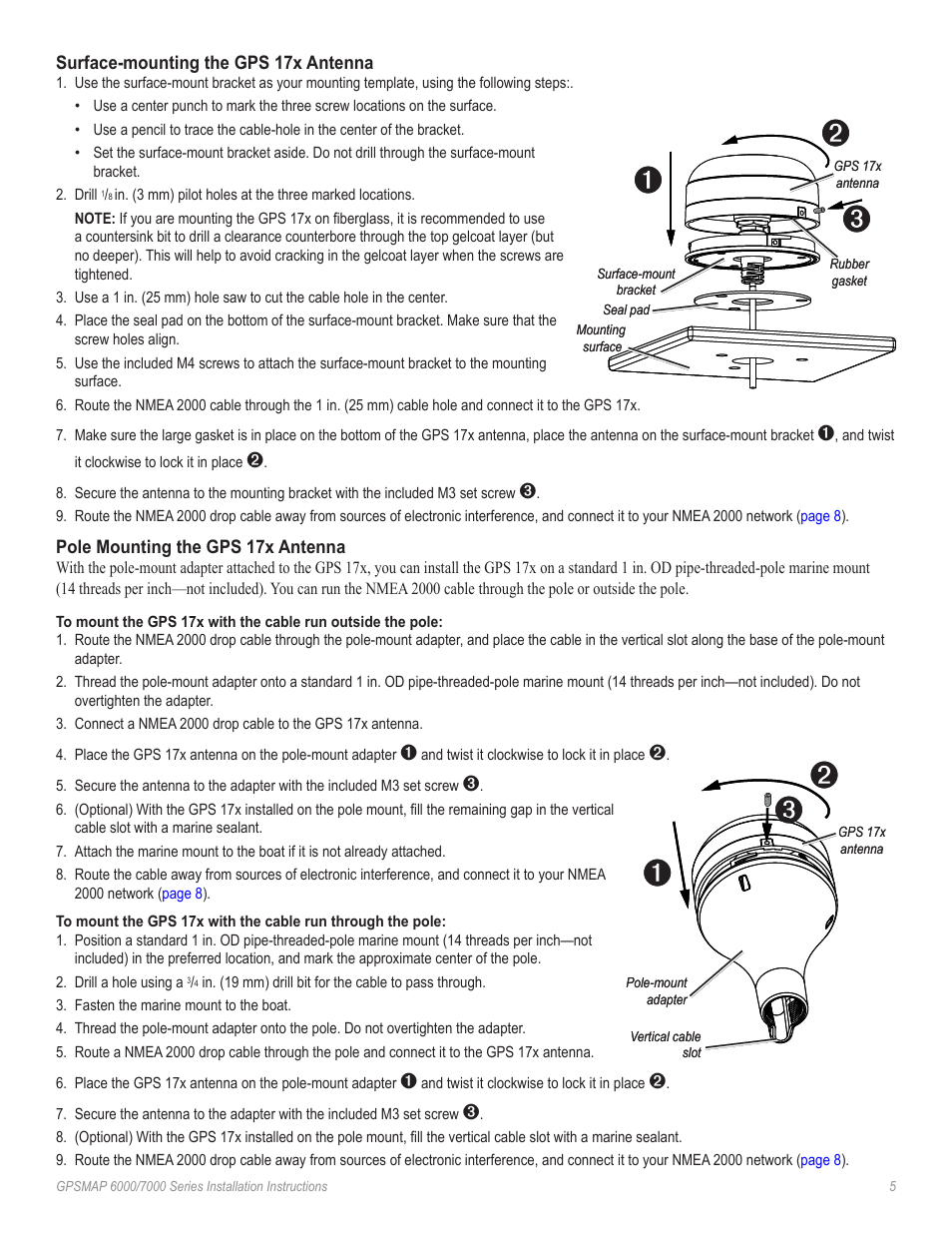 Surface-mounting the gps 17x antenna, Pole mounting the gps 17x antenna | Garmin GPSMAP 7000 Series User Manual | Page 5 / 20