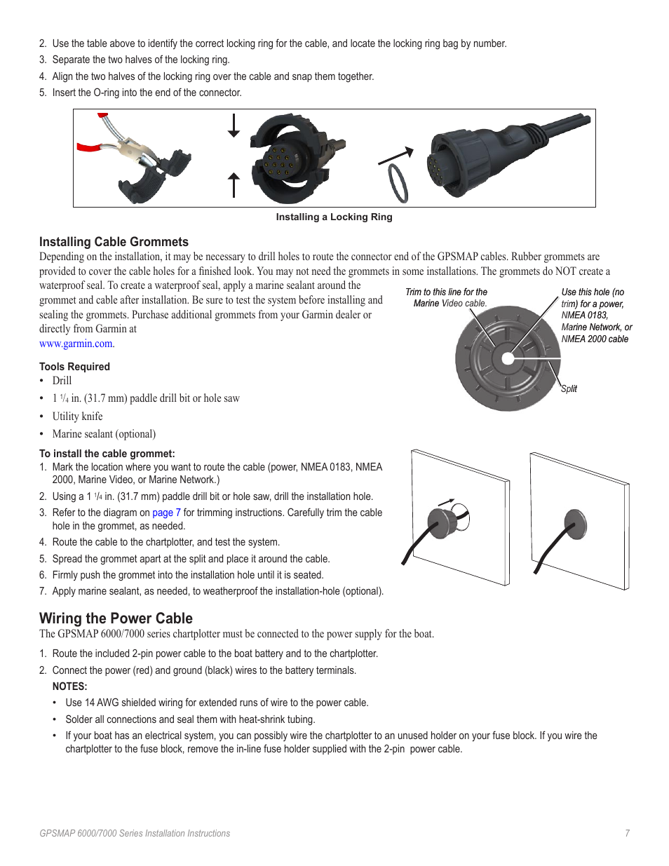 Installing cable grommets, Wiring the power cable | Garmin GPSMAP 7000 Series User Manual | Page 7 / 20