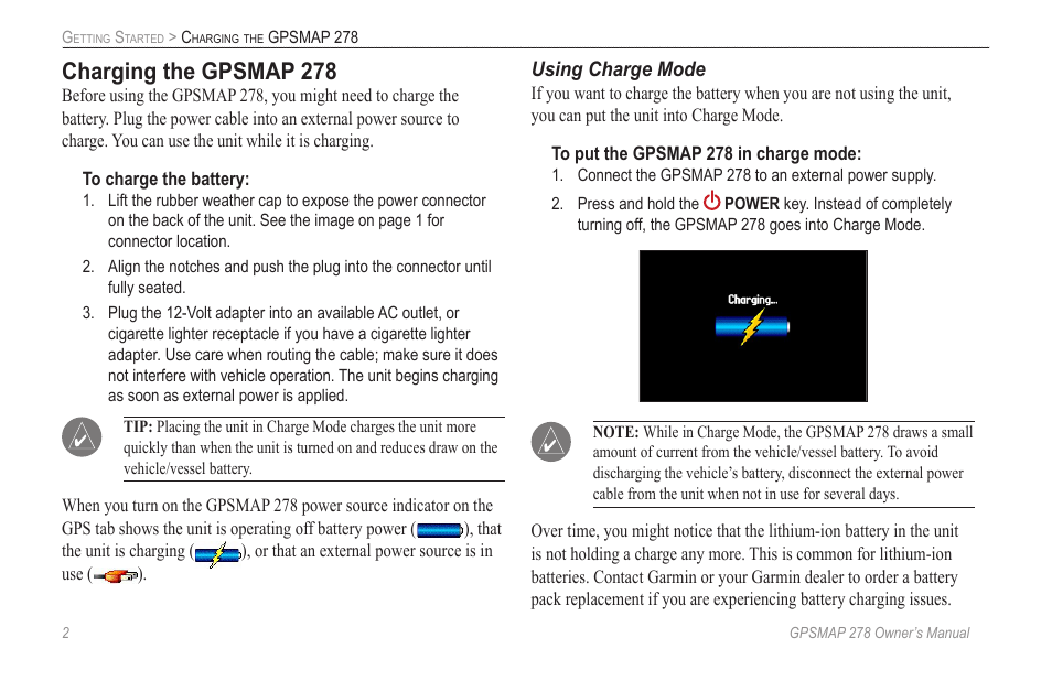 Charging the gpsmap 278 | Garmin GPSMAP 278 User Manual | Page 10 / 138