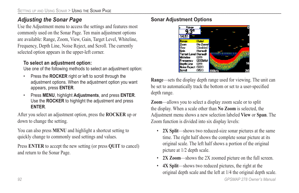 Adjusting the sonar page | Garmin GPSMAP 278 User Manual | Page 100 / 138