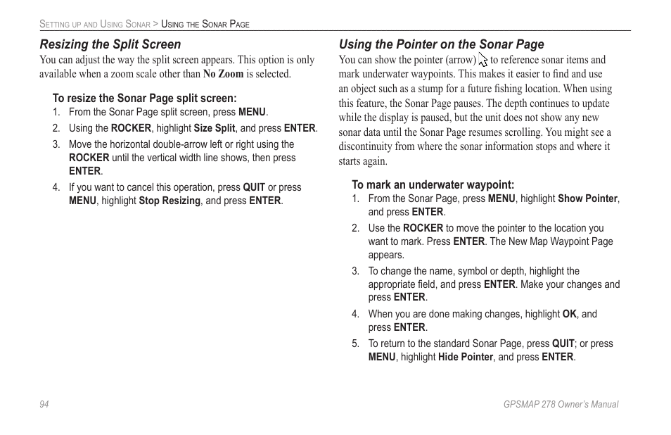 Resizing the split screen, Using the pointer on the sonar page | Garmin GPSMAP 278 User Manual | Page 102 / 138