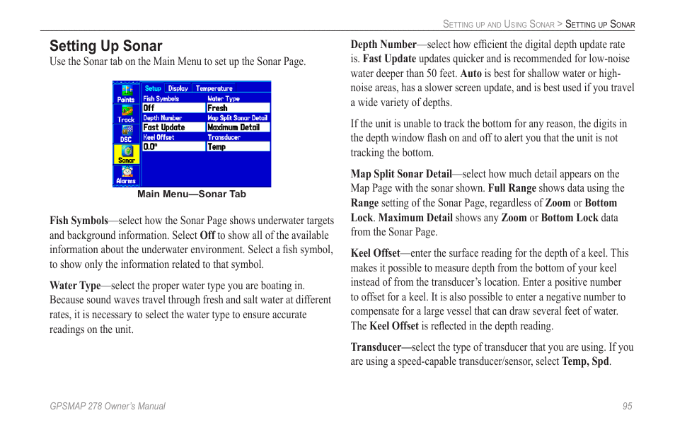 Setting up sonar | Garmin GPSMAP 278 User Manual | Page 103 / 138