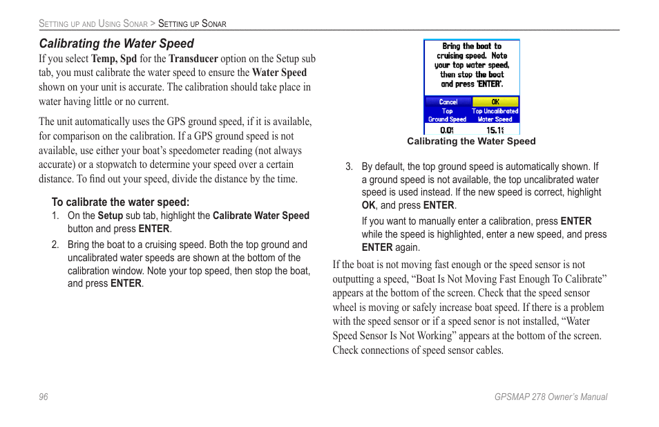 Calibrating the water speed | Garmin GPSMAP 278 User Manual | Page 104 / 138