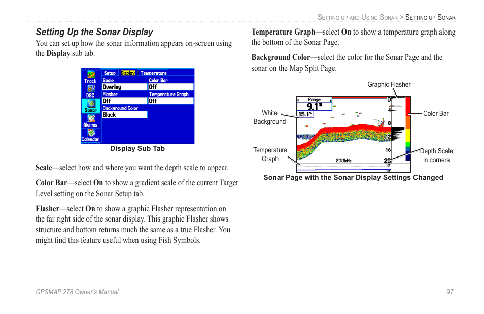 Setting up the sonar display | Garmin GPSMAP 278 User Manual | Page 105 / 138