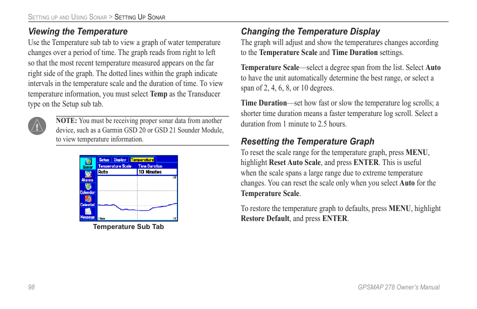 Viewing the temperature, Changing the temperature display, Resetting the temperature graph | Garmin GPSMAP 278 User Manual | Page 106 / 138